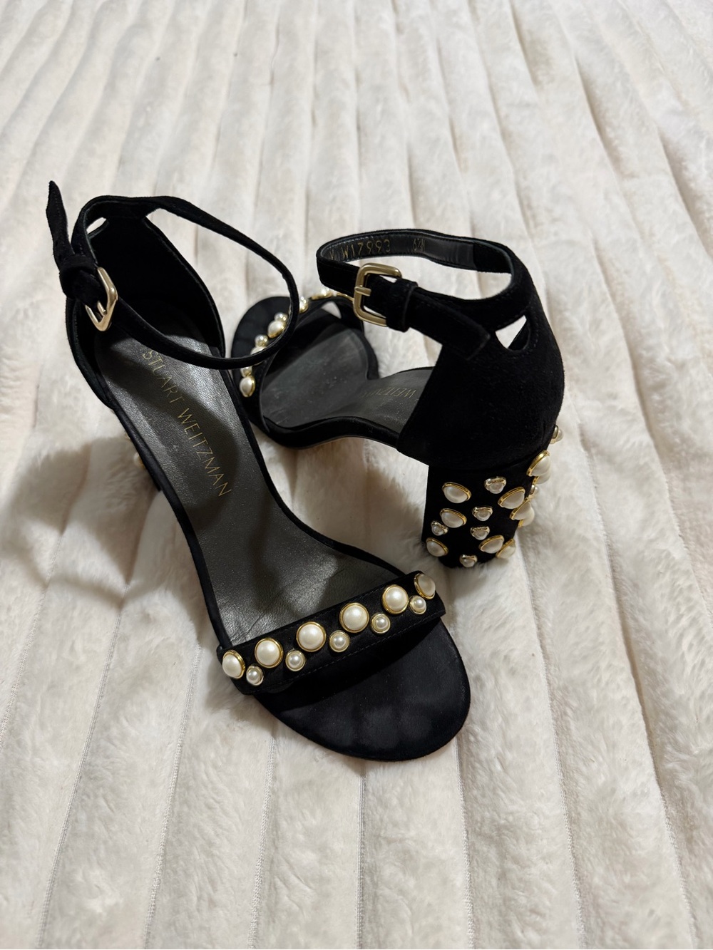 Stuart Weitzman Black Pearl-Embellished Block Heel Sandals with Gold Accents
